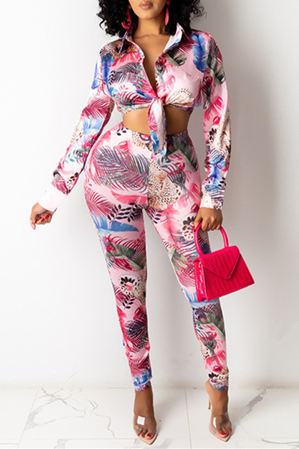 Red Fashion Casual Print Basic Turndown Collar Long Sleeve Two Pieces
