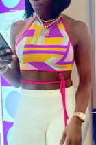 Purple Fashion Sexy Print Backless Strap Design O Neck Tops