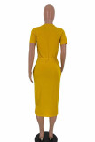 Black Fashion Casual Black Grey Pink Yellow Cap Sleeve Short Sleeves O neck Step Skirt Mid-Calf Print Character Dresses
