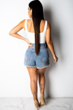Blue Denim Zipper Fly Button Fly High washing Hole Zippered Pocket Straight shorts Shorts