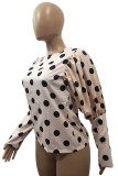 Apricot O Neck Puff sleeve Dot Patchwork Print asymmetrical Tops