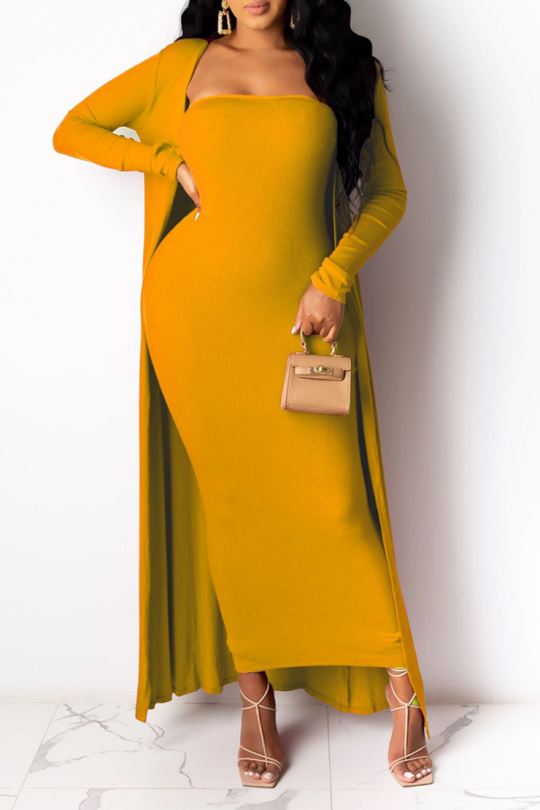Earth Yellow Casual Solid Patchwork Strapless Long Sleeve Two Pieces