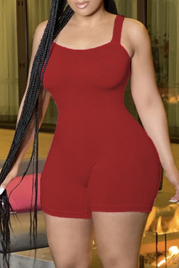 Red Sexy Casual Solid Backless Spaghetti Strap Skinny Romper