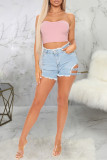 Baby Blue Fashion Casual Solid Hollowed Out Patchwork High Waist Regular Jeans