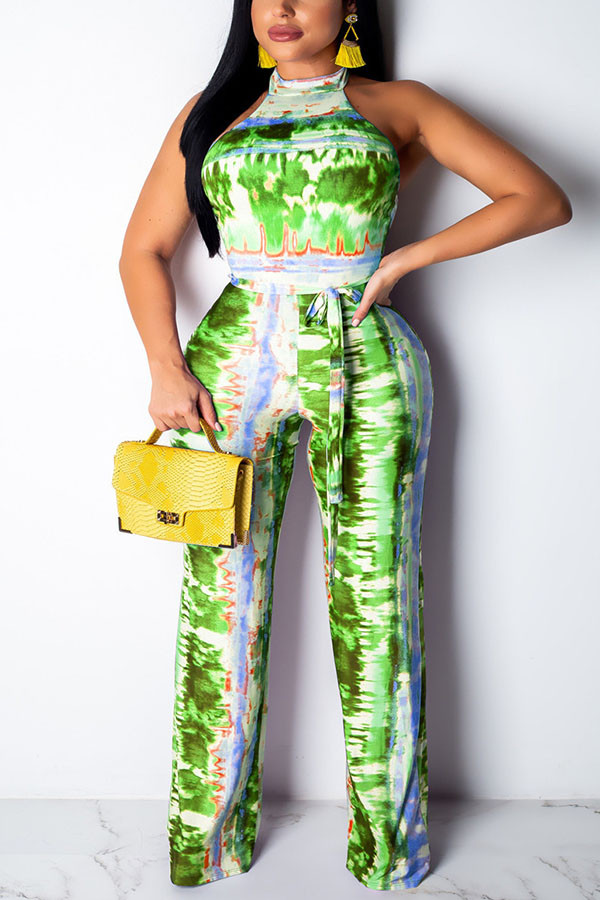 Green Fashion Sexy Print Tie-dyed Backless Sleeveless O Neck Jumpsuits