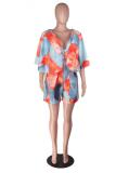 Pink Fashion Sexy Print Button Short Sleeve Rompers