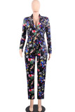 Black venetian Casual Patchwork Print Two Piece Suits Straight Long Sleeve Two-piece Pants Set