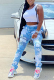 Light Blue Blends Zipper Fly Mid Print washing Old pencil Pants Bottoms