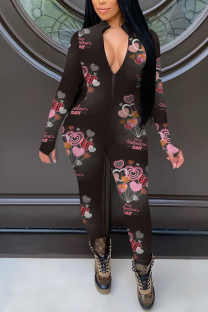 Black Casual Print Patchwork Zipper Collar Skinny Jumpsuits