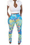 Blue Active adult Ma'am Geometric Patchwork Print Two Piece Suits Straight Short Sleeve Two Pieces