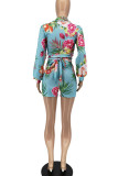Cyanine Casual Print Bandage Patchwork V Neck Long Sleeve Two Pieces