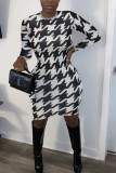Black and white Fashion Sexy Print Patchwork O Neck Long Sleeve Knee Length Printed Dress Dresses