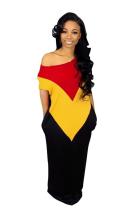 Yellow Casual Fashion One Shoulder Short Sleeves one shoulder collar Straight Floor-Length Patchw