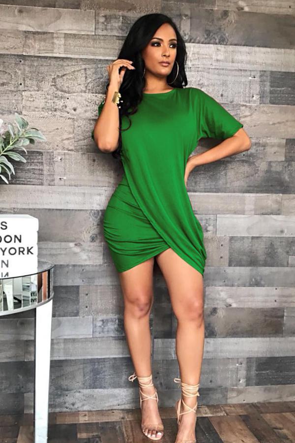 Green Casual adult Sexy Fashion Short Sleeves O neck Pleated Mini Solid Draped asymmetrical