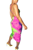Green Fashion Sexy Green multicolor Off The Shoulder Sleeveless Slip Pencil Dress Mid-Calf backless Tie and dye Dresses