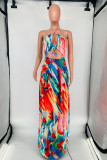 Multicolor Fashion Sexy Print Bandage Hollowed Out Backless Halter Long Dress