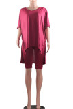 Wine Red Casual Solid pencil Half Sleeve Two Pieces