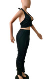 Black Casual Solid Bandage Patchwork Backless Halter Sleeveless Two Pieces