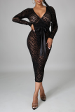 Black Sexy Print Patchwork V Neck Irregular Dress Dresses