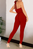 Black Street Solid Draw String V Neck Skinny Jumpsuits