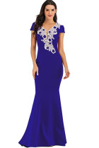 Blue Sexy Cap Sleeve Short Sleeves V Neck Step Skirt Floor-Length Solid Print
