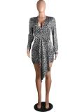 Black Fashion adult Sexy Cap Sleeve Long Sleeves V Neck cake dress Mini Leopard Print chain