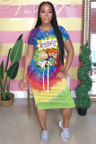 Blue Fashion Casual adult White Blue Green Pink Yellow Multi-color multicolor Cap Sleeve Short Sleeves O neck A-Line Mid-Calf Print Patchwork Ombre bandage Dresses