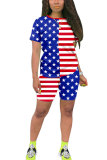 Red and blue Fashion adult Lightly cooked Striped Patchwork Print Two Piece Suits Straight Short Sleeve Two Pieces