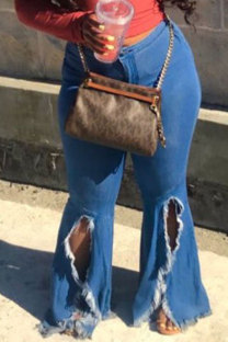 Dark Blue Denim Button Fly Sleeveless High Patchwork Solid Split Hole Boot Cut Pants Bottoms