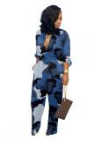 Blue Fashion Casual Button bandage Coloured drawing Camouflage Long Sleeve O Neck 