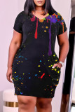 Grey Fashion Casual Print Basic V Neck Short Sleeve Dress