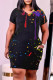 Black Fashion Casual Print Basic V Neck Short Sleeve Dress