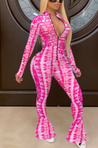 rose red Fashion Casual Print zipper Long Sleeve O Neck Jumpsuits