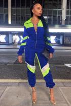 Blue Sexy Fashion Patchwork zipper Solid Long Sleeve Turndown Collar 