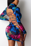 Colour Sexy Print Bandage O Neck Wrapped Skirt Dresses