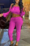 Yellow Fashion Active adult Ma'am One word collar Solid Two Piece Suits Stitching Plus Size