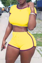 Yellow Casual Solid Patchwork O Neck Short Sleeve Two Pieces