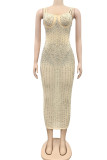 Apricot Sexy Geometric Hot Drill Spaghetti Strap Sling Dress Dresses