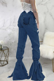 Light Blue Denim Button Fly Sleeveless High Patchwork washing Hole Solid bandage Boot Cut Pants 