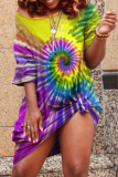 Green Fashion Cap Sleeve 3/4 Length Sleeves O neck Step Skirt Mini Rainbow Paisley asymmetrical