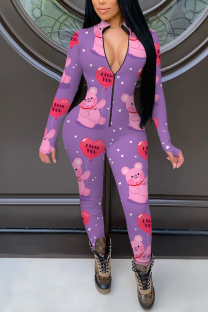 Purple Casual Print Patchwork Zipper Collar Skinny Jumpsuits