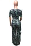 Cyan Casual Fashion adult Dot ruffle Print Two Piece Suits Straight Short Sleeve