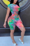 White Fashion Casual adult Ma'am Tie Dye Two Piece Suits HOLLOWED OUT pencil Short Sleeve Two Pieces