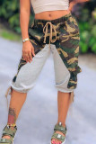 Peacock Blue Street Print Camouflage Print Patchwork Frenulum Straight High Waist Straight Positioning Print Bottoms