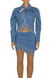 Blue Sexy Solid Tassel Turndown Collar Long Sleeve Two Pieces