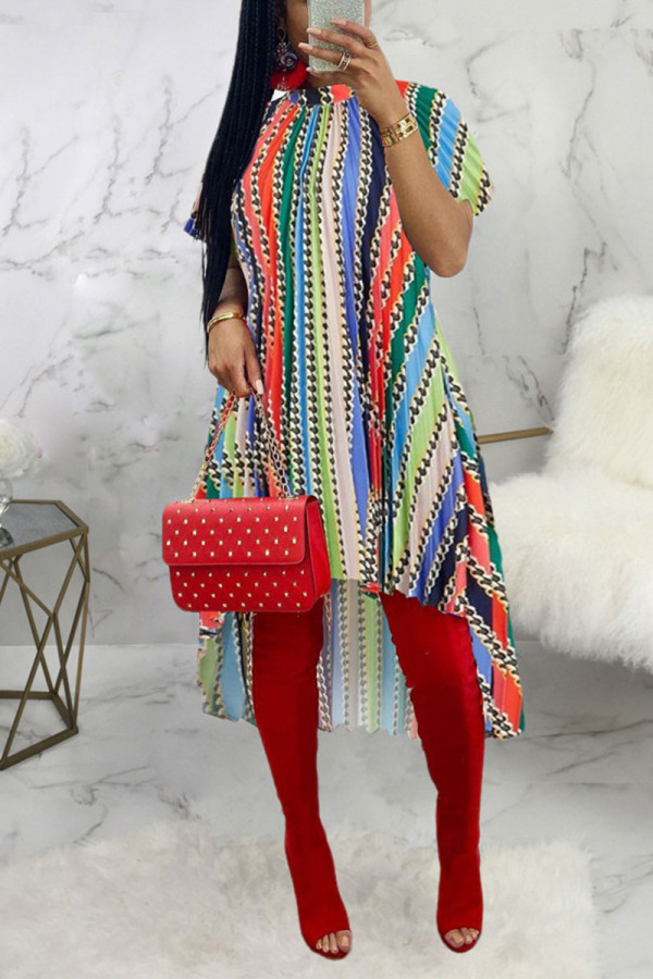 Red Sexy Striped Patchwork O Neck Irregular Dress Dresses