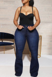 Deep Blue Fashion Casual Solid Basic Plus Size Jeans