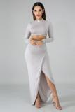 Grey Fashion Sexy Solid Two Piece Suits asymmetrical Slim fit crop top Split Skinny Long Sleeve