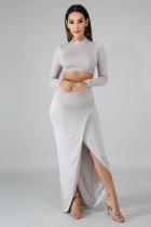 Grey Fashion Sexy Solid Two Piece Suits asymmetrical Slim fit crop top Split Skinny Long Sleeve