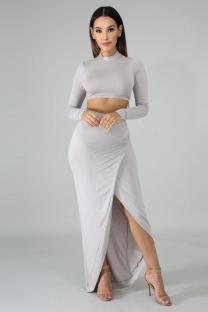 Grey Fashion Sexy Solid Two Piece Suits asymmetrical Slim fit crop top Split Skinny Long Sleeve